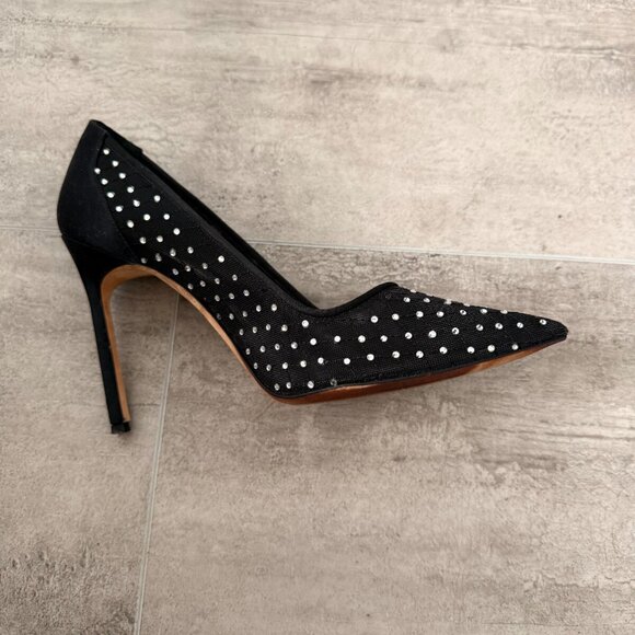 Manolo Blahnik Black Crystal Embellished Mesh and Satin Pointed Toe Pumps - Picture 7 of 13